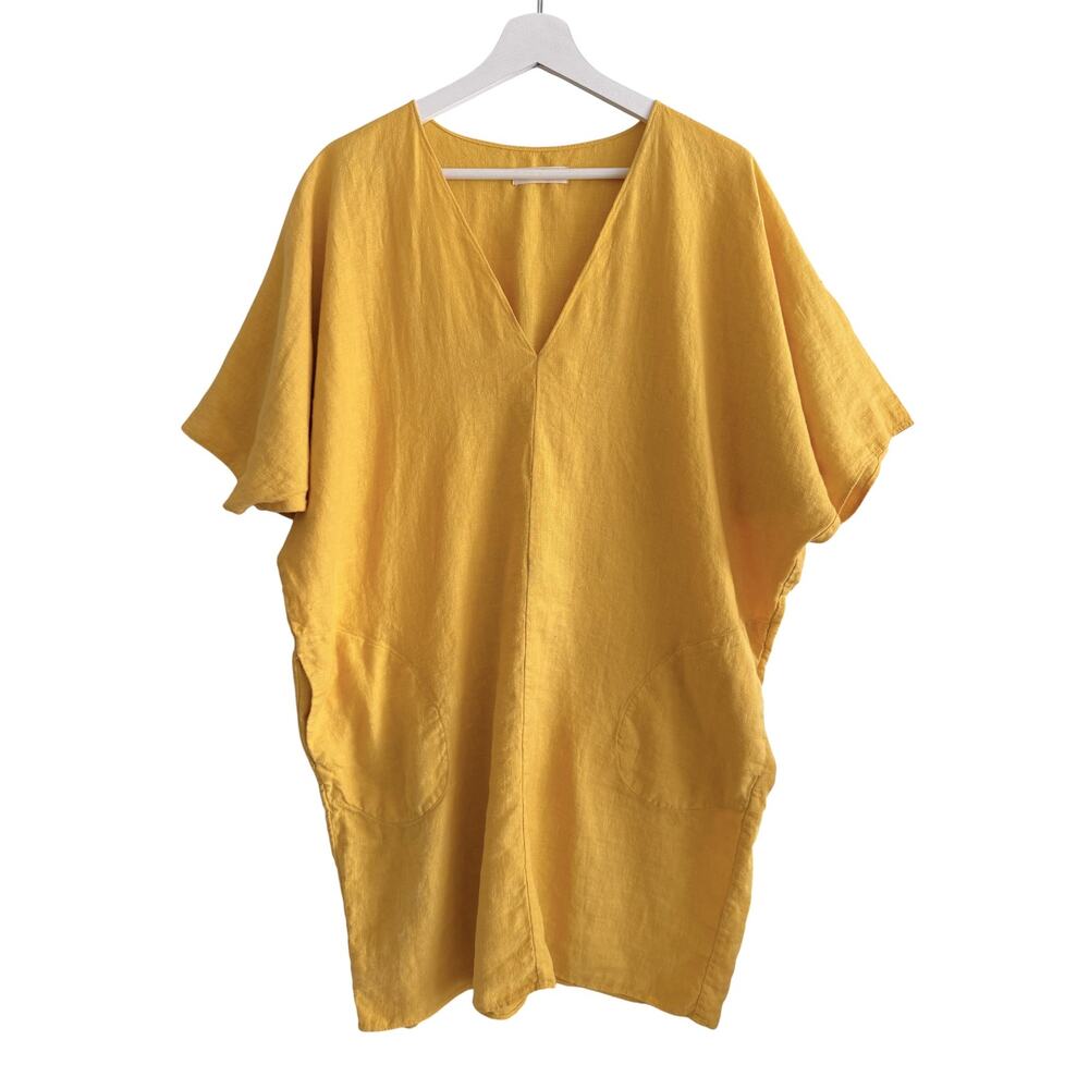 Rachel Craven Sunny Yellow Linen V-Neck Short Sleeve Caftan Dress